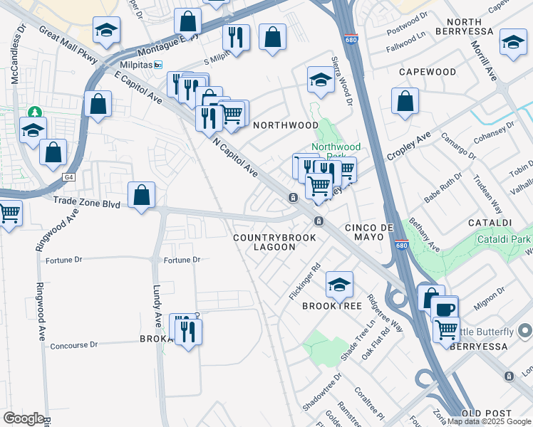 map of restaurants, bars, coffee shops, grocery stores, and more near 2559 Alveswood Circle in San Jose