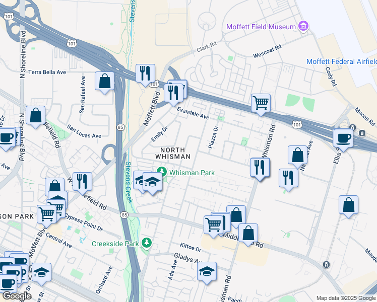 map of restaurants, bars, coffee shops, grocery stores, and more near 519 Easy Street in Mountain View
