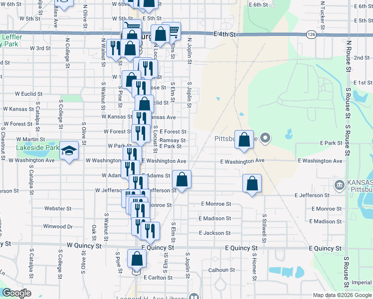 map of restaurants, bars, coffee shops, grocery stores, and more near 311 East Washington Street in Pittsburg