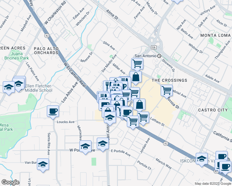 map of restaurants, bars, coffee shops, grocery stores, and more near 646 San Antonio Road in Mountain View