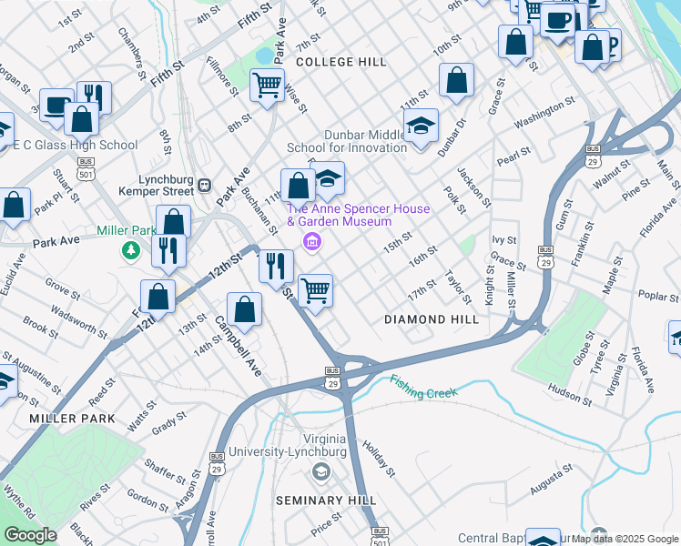 map of restaurants, bars, coffee shops, grocery stores, and more near 1422 Pierce Street in Lynchburg
