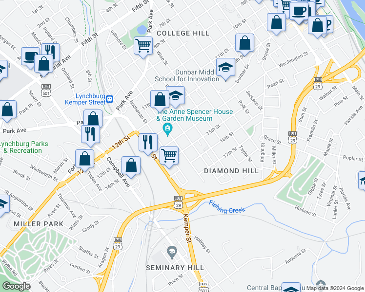 map of restaurants, bars, coffee shops, grocery stores, and more near 1422 Pierce Street in Lynchburg