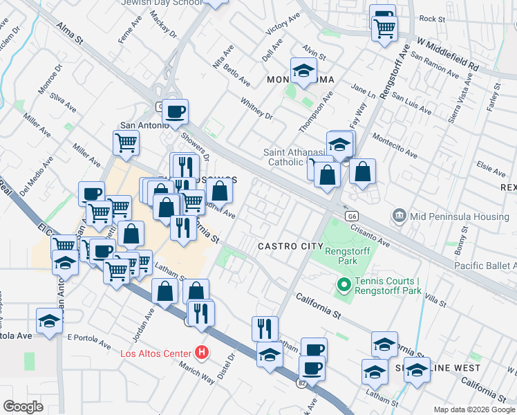 map of restaurants, bars, coffee shops, grocery stores, and more near 2268 Mora Place in Mountain View