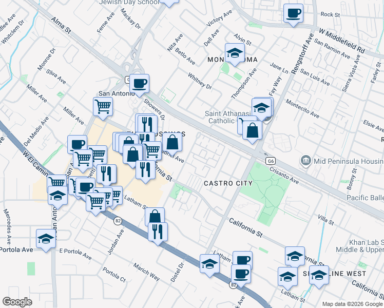 map of restaurants, bars, coffee shops, grocery stores, and more near 105 Ortega Avenue in Mountain View