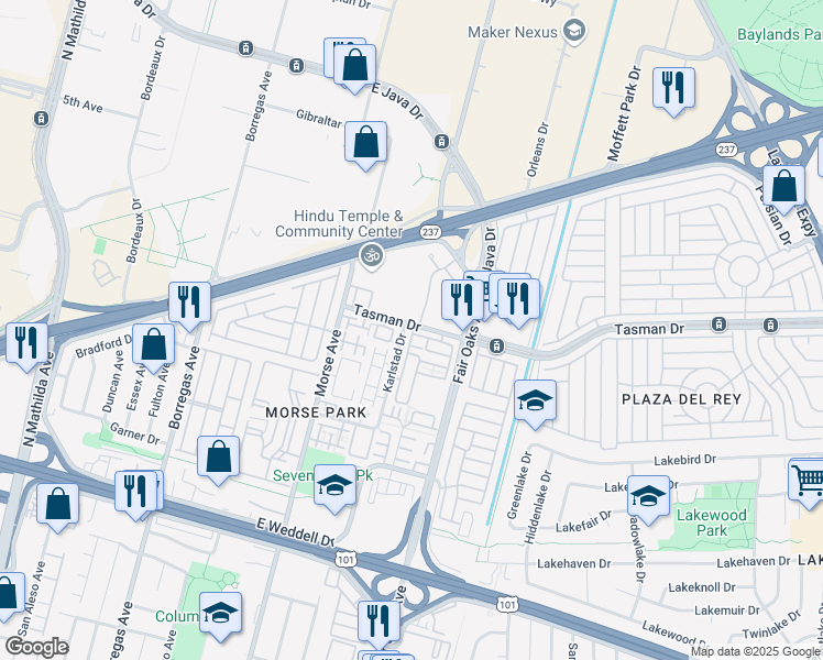 map of restaurants, bars, coffee shops, grocery stores, and more near 1155 Munich Terrace in Sunnyvale