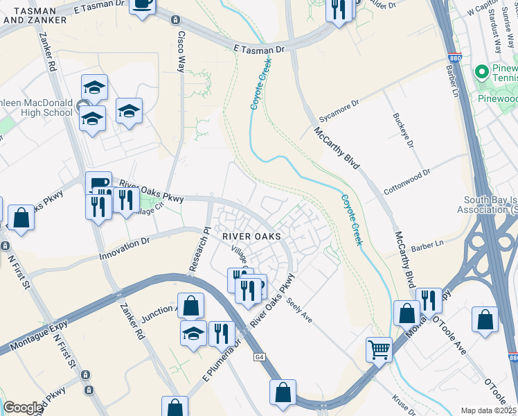 map of restaurants, bars, coffee shops, grocery stores, and more near in San Jose