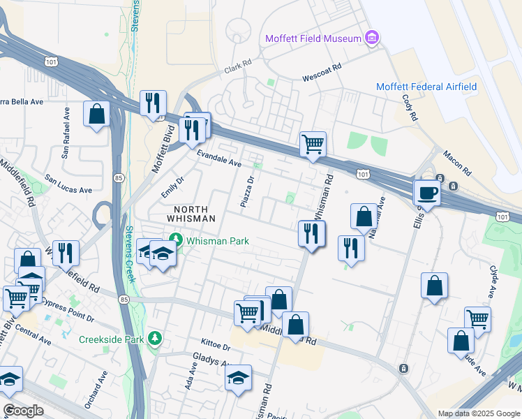 map of restaurants, bars, coffee shops, grocery stores, and more near 103 Murlagan Avenue in Mountain View