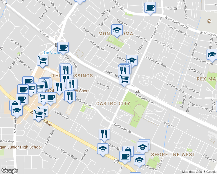 map of restaurants, bars, coffee shops, grocery stores, and more near 167 College Avenue in Mountain View
