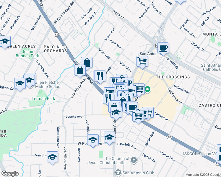 map of restaurants, bars, coffee shops, grocery stores, and more near 2630 West El Camino Real in Mountain View