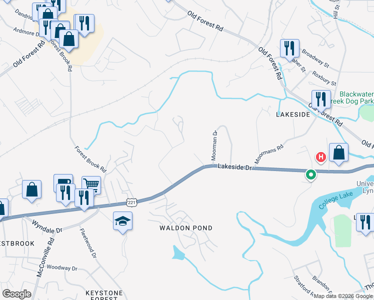 map of restaurants, bars, coffee shops, grocery stores, and more near 2008 Lakeside Drive in Lynchburg