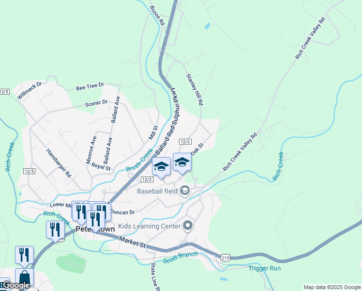 map of restaurants, bars, coffee shops, grocery stores, and more near 16 Locust Street in Peterstown