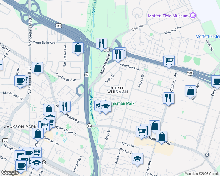map of restaurants, bars, coffee shops, grocery stores, and more near 520 Walker Drive in Mountain View