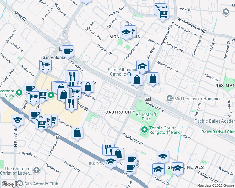 map of restaurants, bars, coffee shops, grocery stores, and more near 167 College Avenue in Mountain View