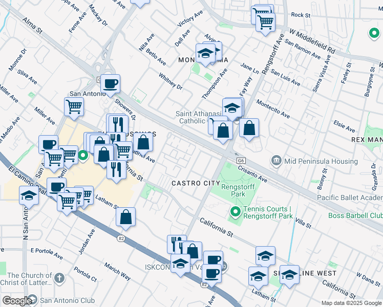 map of restaurants, bars, coffee shops, grocery stores, and more near 70 Towne Circle in Mountain View
