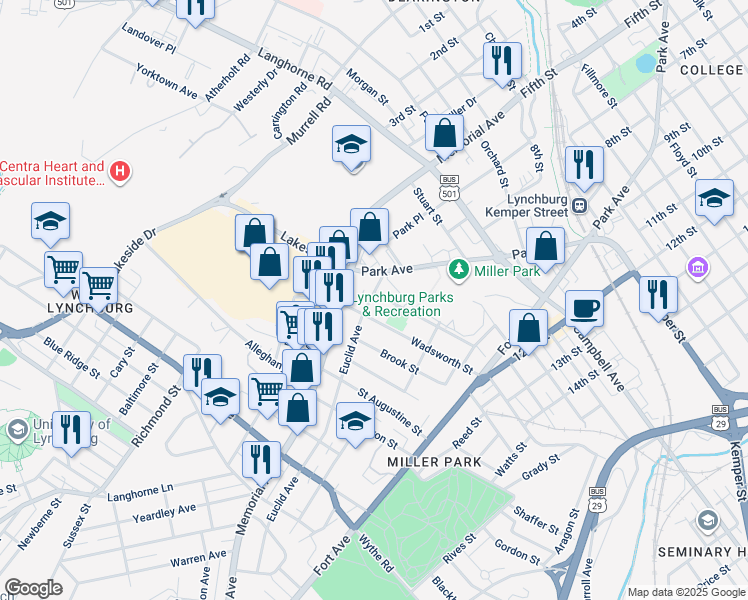 map of restaurants, bars, coffee shops, grocery stores, and more near 201 Grove Street in Lynchburg