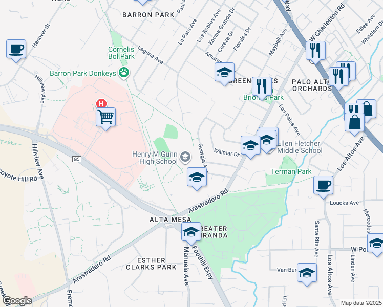 map of restaurants, bars, coffee shops, grocery stores, and more near 780 Arastradero Road in Palo Alto