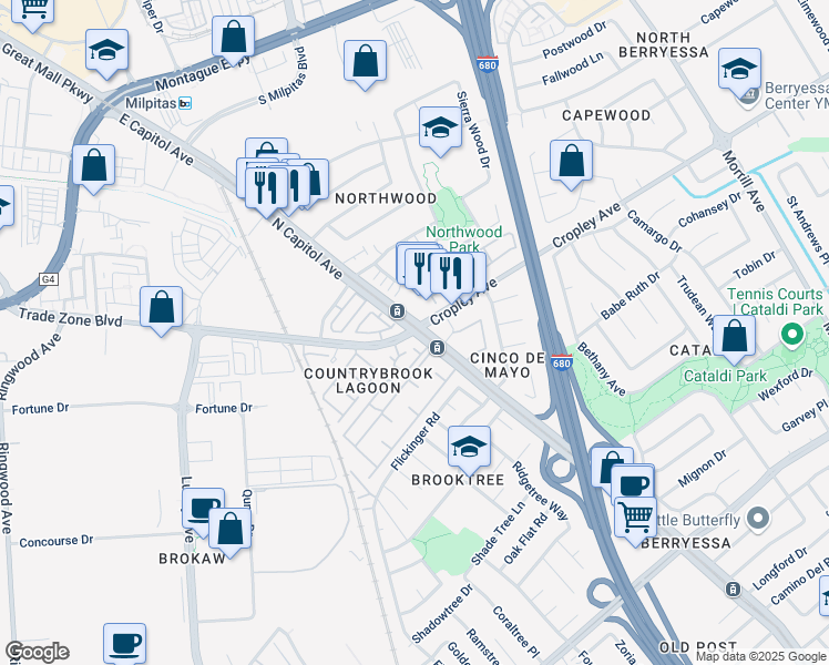 map of restaurants, bars, coffee shops, grocery stores, and more near N Capitol Ave & Trade Zone Blvd in San Jose