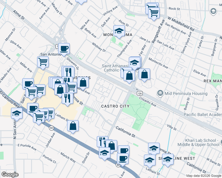 map of restaurants, bars, coffee shops, grocery stores, and more near 70 Towne Circle in Mountain View