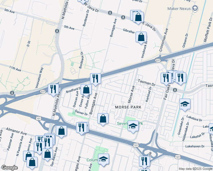 map of restaurants, bars, coffee shops, grocery stores, and more near 1111 Morse Avenue in Sunnyvale