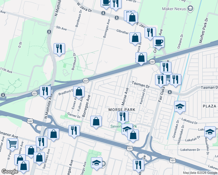 map of restaurants, bars, coffee shops, grocery stores, and more near 1111 Morse Avenue in Sunnyvale