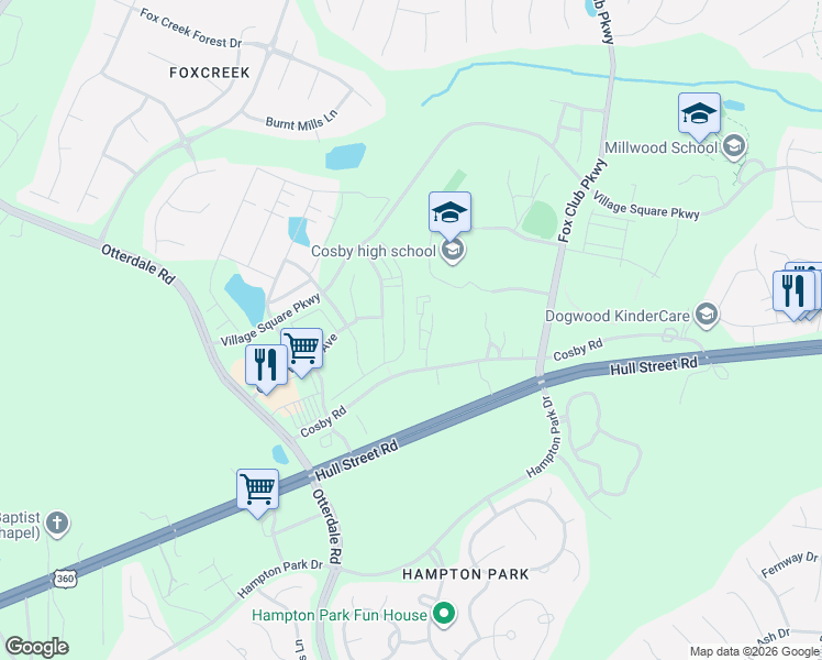 map of restaurants, bars, coffee shops, grocery stores, and more near 6937 Leire Lane in Chesterfield