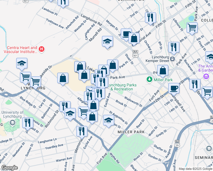 map of restaurants, bars, coffee shops, grocery stores, and more near 2400 Memorial Avenue in Lynchburg