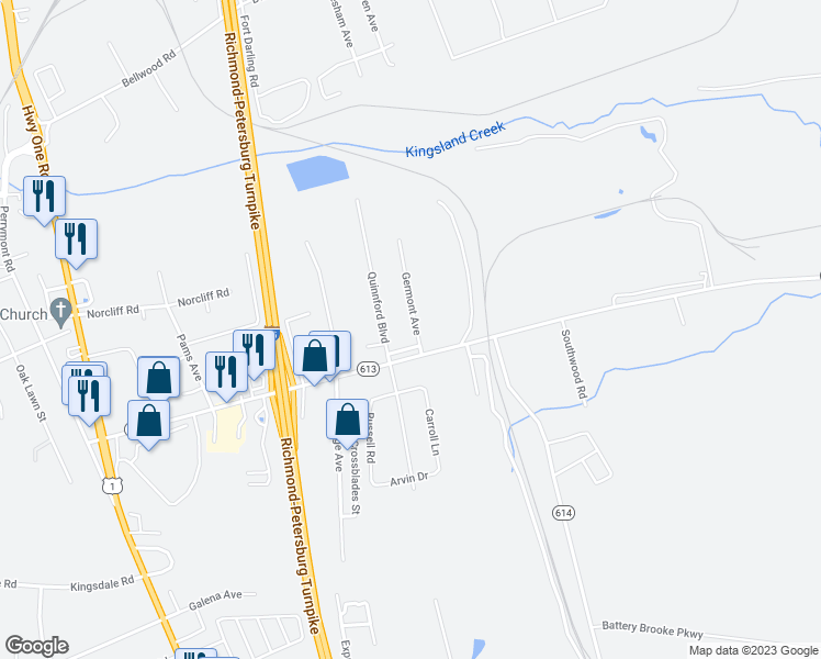 map of restaurants, bars, coffee shops, grocery stores, and more near 9124 Germont Avenue in Richmond