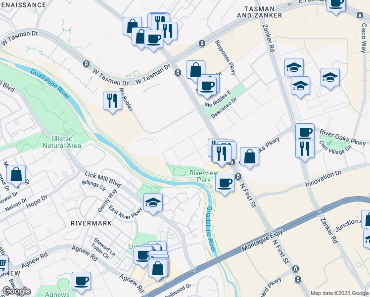 map of restaurants, bars, coffee shops, grocery stores, and more near 50 Rio Robles in San Jose