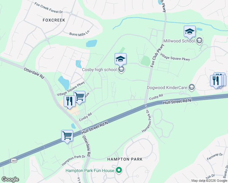 map of restaurants, bars, coffee shops, grocery stores, and more near 15700 Cosby Road in Chesterfield