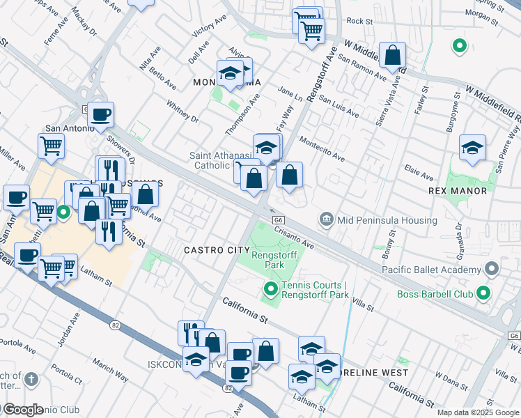 map of restaurants, bars, coffee shops, grocery stores, and more near 2312 Central Expressway in Mountain View