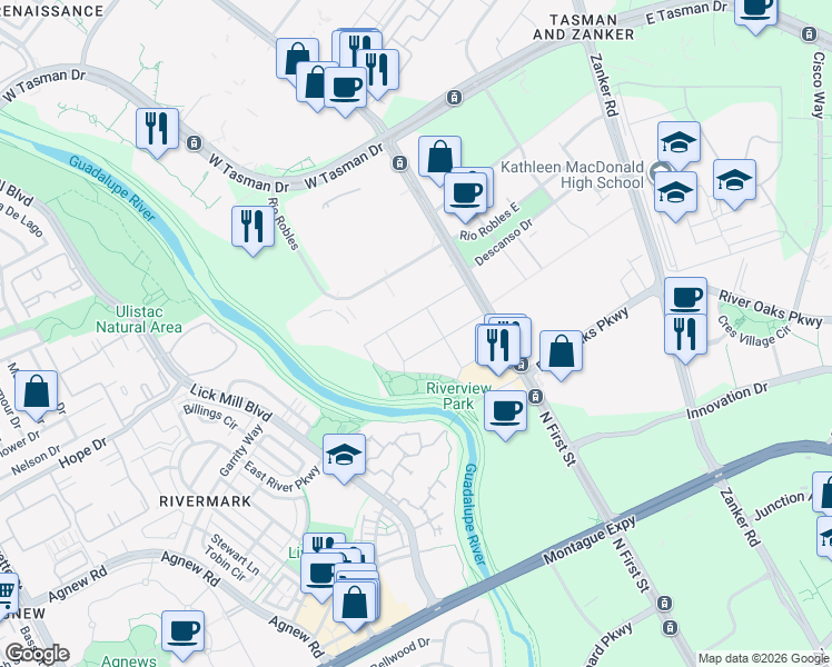 map of restaurants, bars, coffee shops, grocery stores, and more near 251 Brandon Street in San Jose
