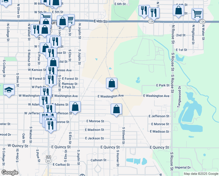 map of restaurants, bars, coffee shops, grocery stores, and more near 599 East Park Street in Pittsburg
