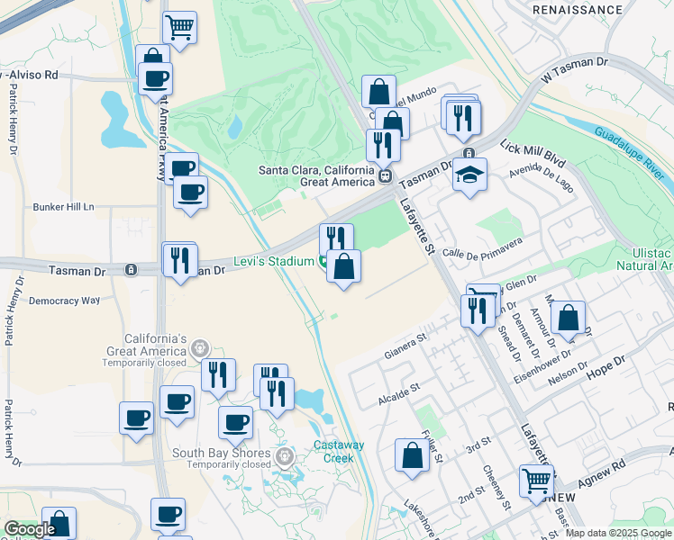 map of restaurants, bars, coffee shops, grocery stores, and more near 4900 Marie P DeBartolo Way in Santa Clara