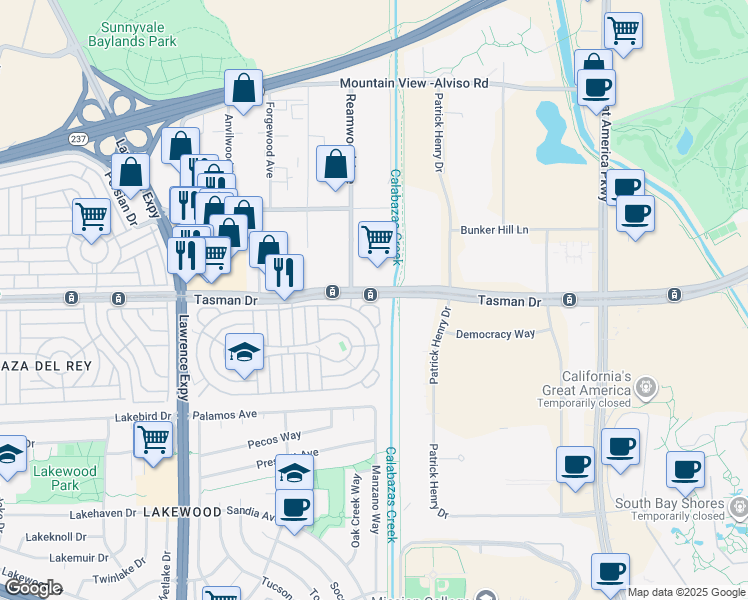 map of restaurants, bars, coffee shops, grocery stores, and more near 1228 Reamwood Avenue in Sunnyvale