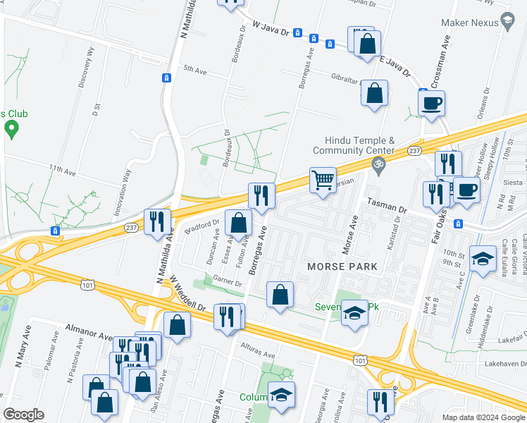 map of restaurants, bars, coffee shops, grocery stores, and more near 102 Persian Drive in Sunnyvale