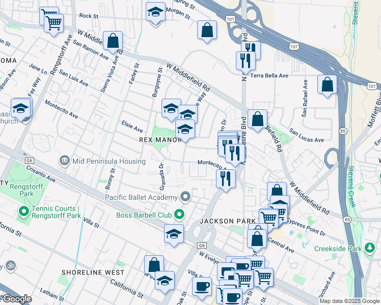 map of restaurants, bars, coffee shops, grocery stores, and more near 1361 Ormonde Way in Mountain View