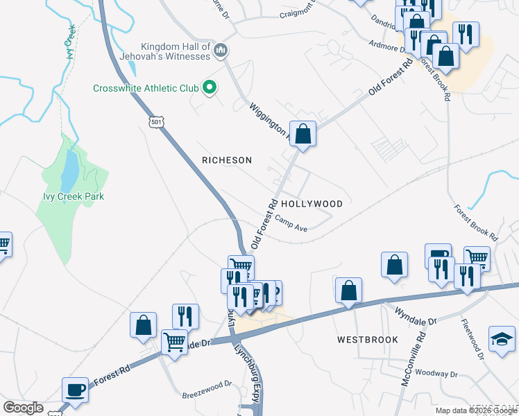 map of restaurants, bars, coffee shops, grocery stores, and more near 105 Richeson Dr in Lynchburg