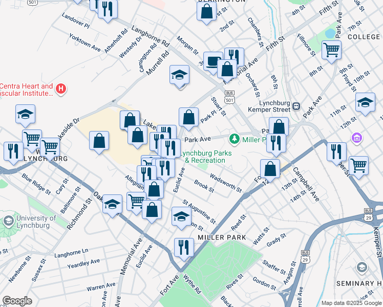 map of restaurants, bars, coffee shops, grocery stores, and more near 201 Grove Street in Lynchburg