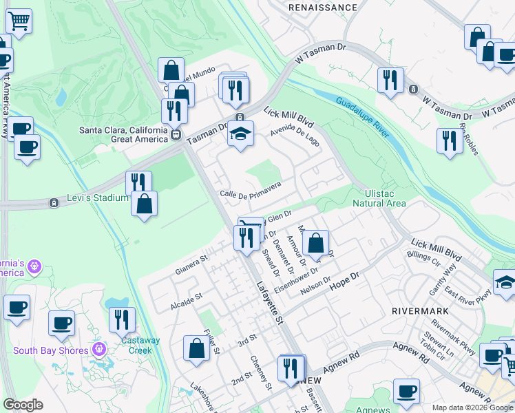 map of restaurants, bars, coffee shops, grocery stores, and more near 2119 Avenida de las Flores in Santa Clara
