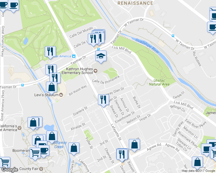 map of restaurants, bars, coffee shops, grocery stores, and more near 2119 Avenida De Las Flores in Santa Clara