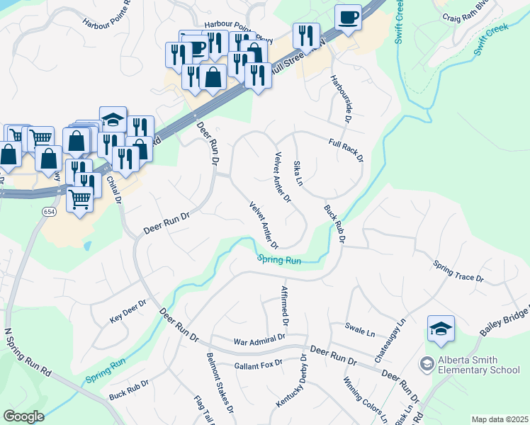 map of restaurants, bars, coffee shops, grocery stores, and more near 7001 Velvet Antler Drive in Midlothian