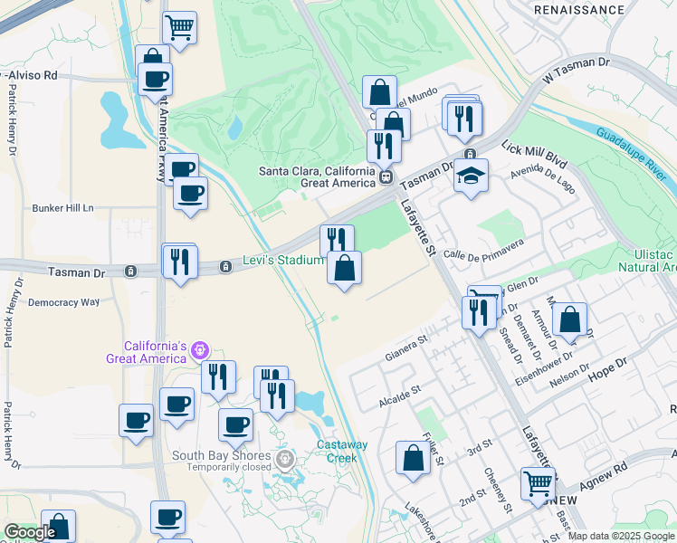 map of restaurants, bars, coffee shops, grocery stores, and more near 4900 Marie P DeBartolo Way in Santa Clara