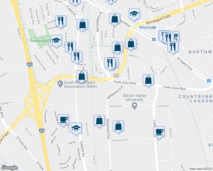 map of restaurants, bars, coffee shops, grocery stores, and more near 1700 Montague Expressway in Milpitas