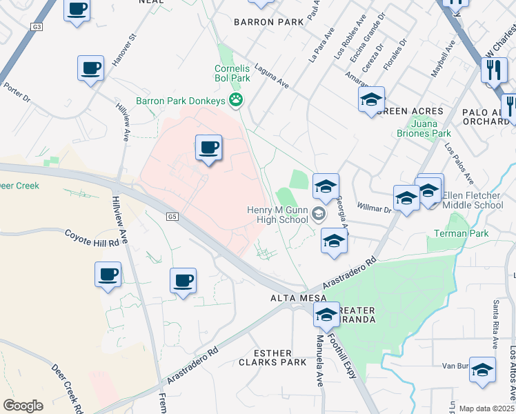 map of restaurants, bars, coffee shops, grocery stores, and more near 3801 Miranda Avenue in Palo Alto