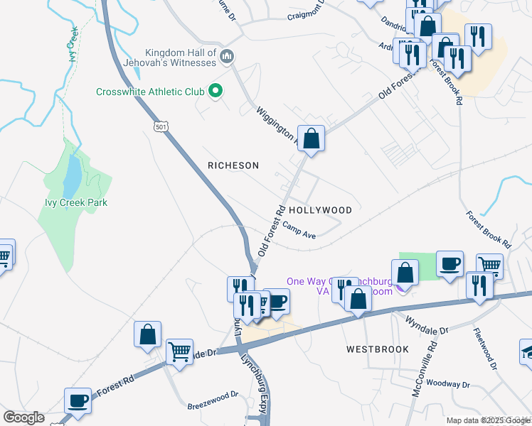 map of restaurants, bars, coffee shops, grocery stores, and more near 102 Berger Street in Lynchburg