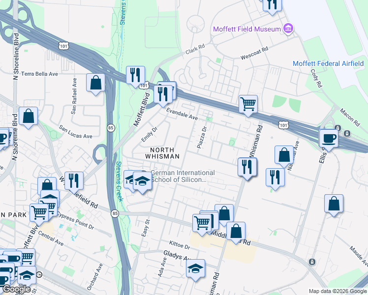 map of restaurants, bars, coffee shops, grocery stores, and more near 536 Easy Street in Mountain View