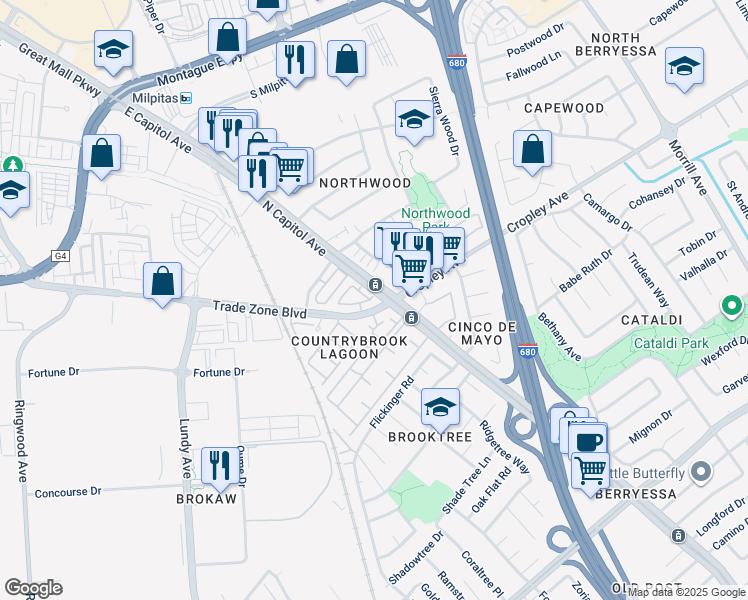 map of restaurants, bars, coffee shops, grocery stores, and more near 1910 North Capitol Avenue in San Jose