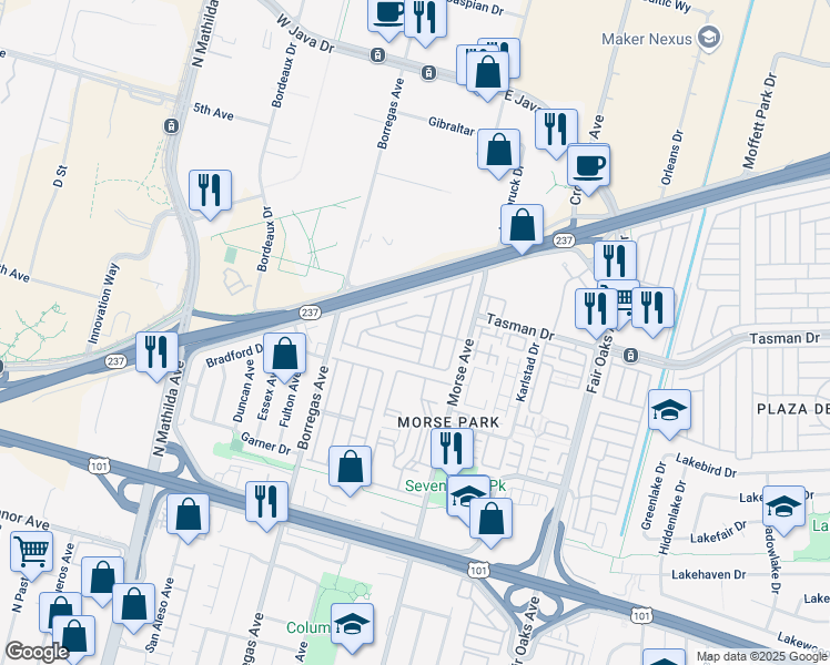 map of restaurants, bars, coffee shops, grocery stores, and more near 1111 Morse Avenue in Sunnyvale