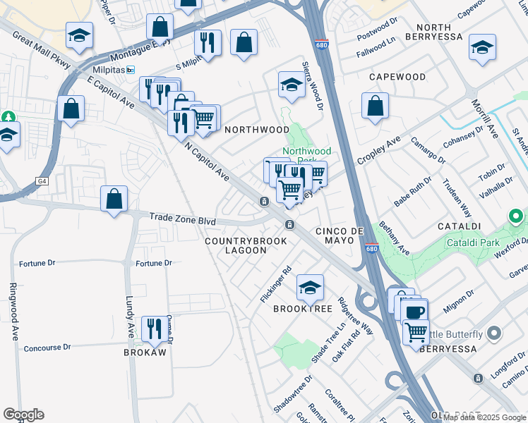 map of restaurants, bars, coffee shops, grocery stores, and more near 1910 North Capitol Avenue in San Jose
