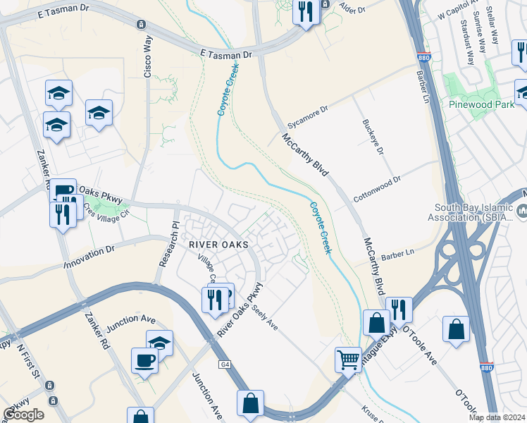 map of restaurants, bars, coffee shops, grocery stores, and more near 425 Camille Circle in San Jose